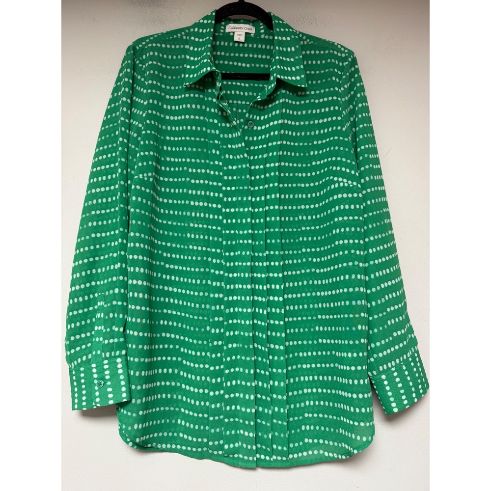Coldwater Creek Blouse Womens 14 Green Excellent Dotted Stripe Button Down‎ 9163